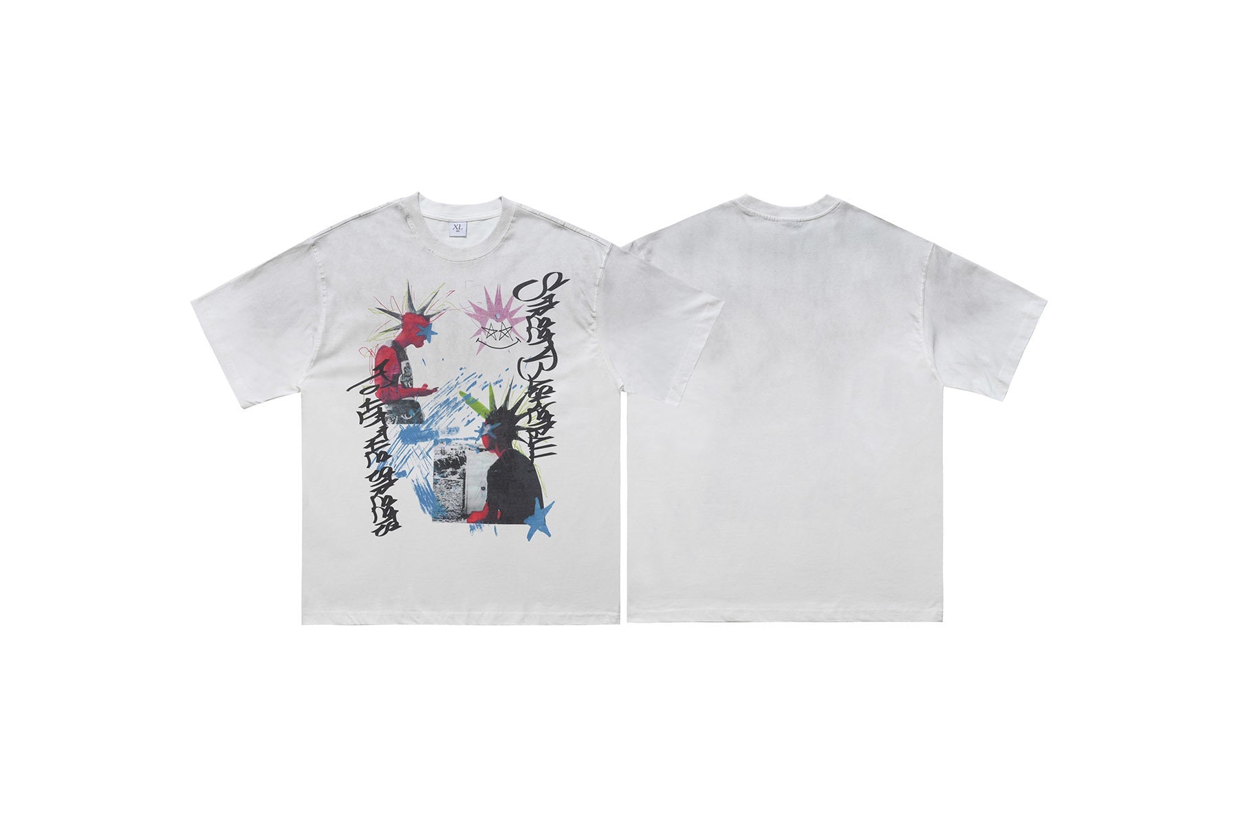 Omirad Anarchy Clash white graphic tee front and back, featuring punk spiked-head figures, graffiti typography, and paint-spl