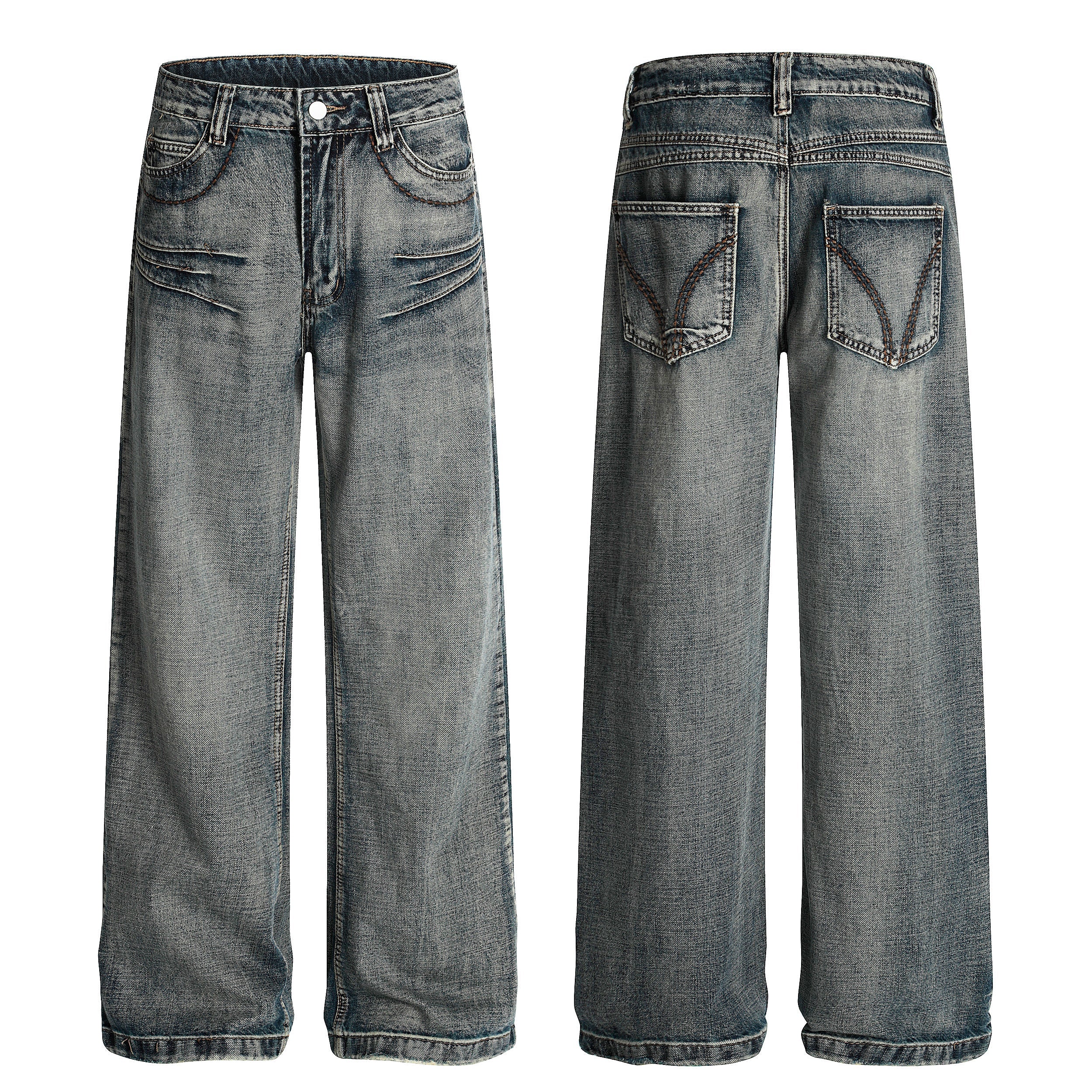 Front and back view of wide-leg vintage wash denim jeans with creased fading and contrast pocket stitching