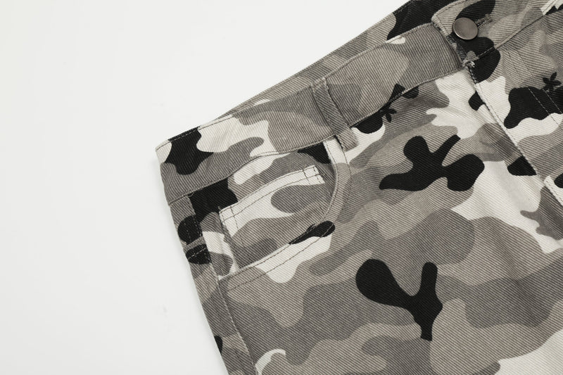 Close-up of rear pocket on grey camouflage cargo pants