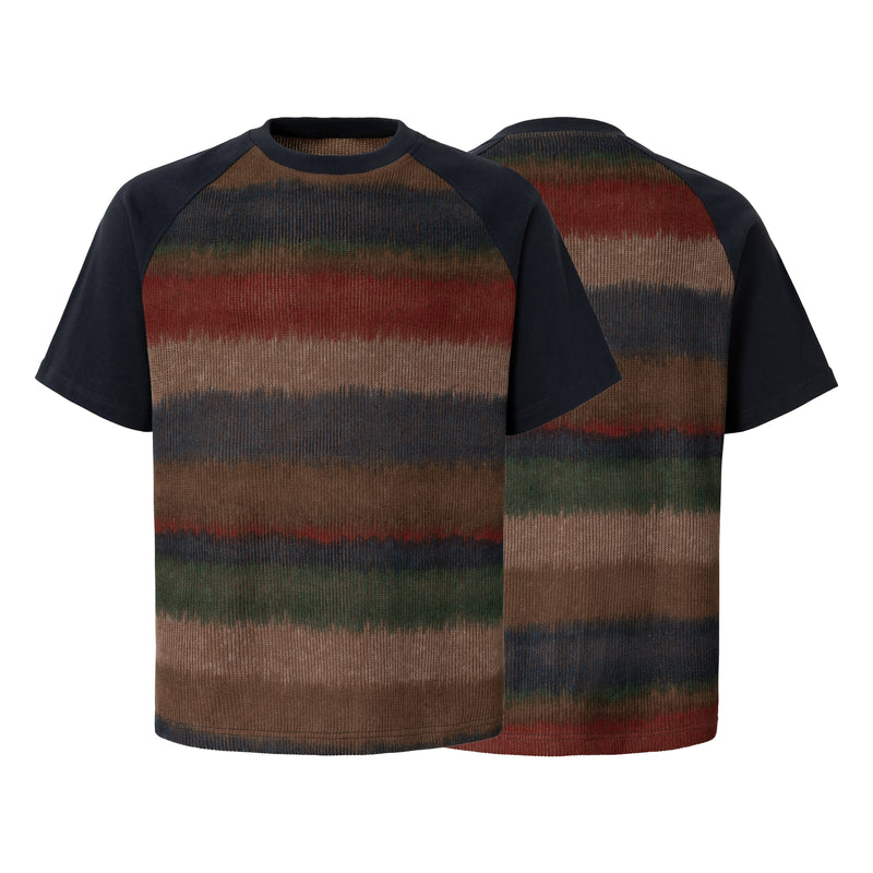 Black raglan crewneck T-shirt with multicolor gradient stripe knit and contrast sleeves, front and back view