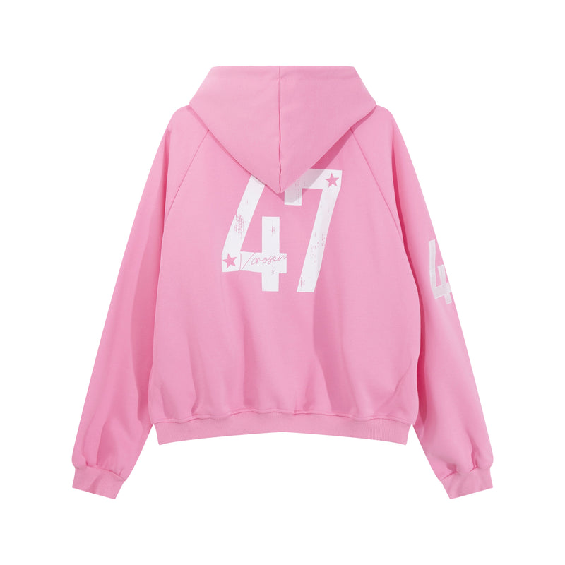 Back of pastel pink zip hoodie with large white 47 graphic and hooded design