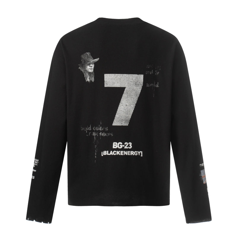 Black long sleeve tee back view with large number 7 and black energy text