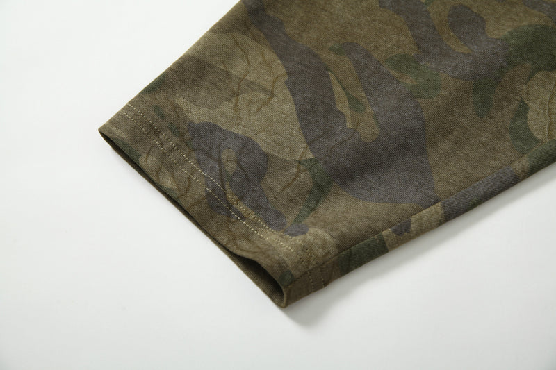 Close-up of camo sleeve cuff with stitched hem on long sleeve tee