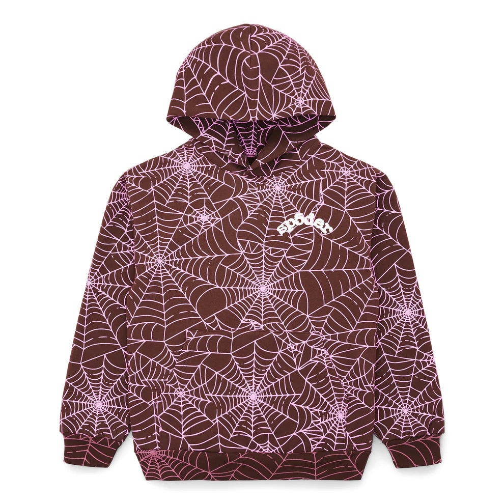 Brown All-Over Spider Web Graphic Hoodie – Comfort Fit Pullover Hoodie
