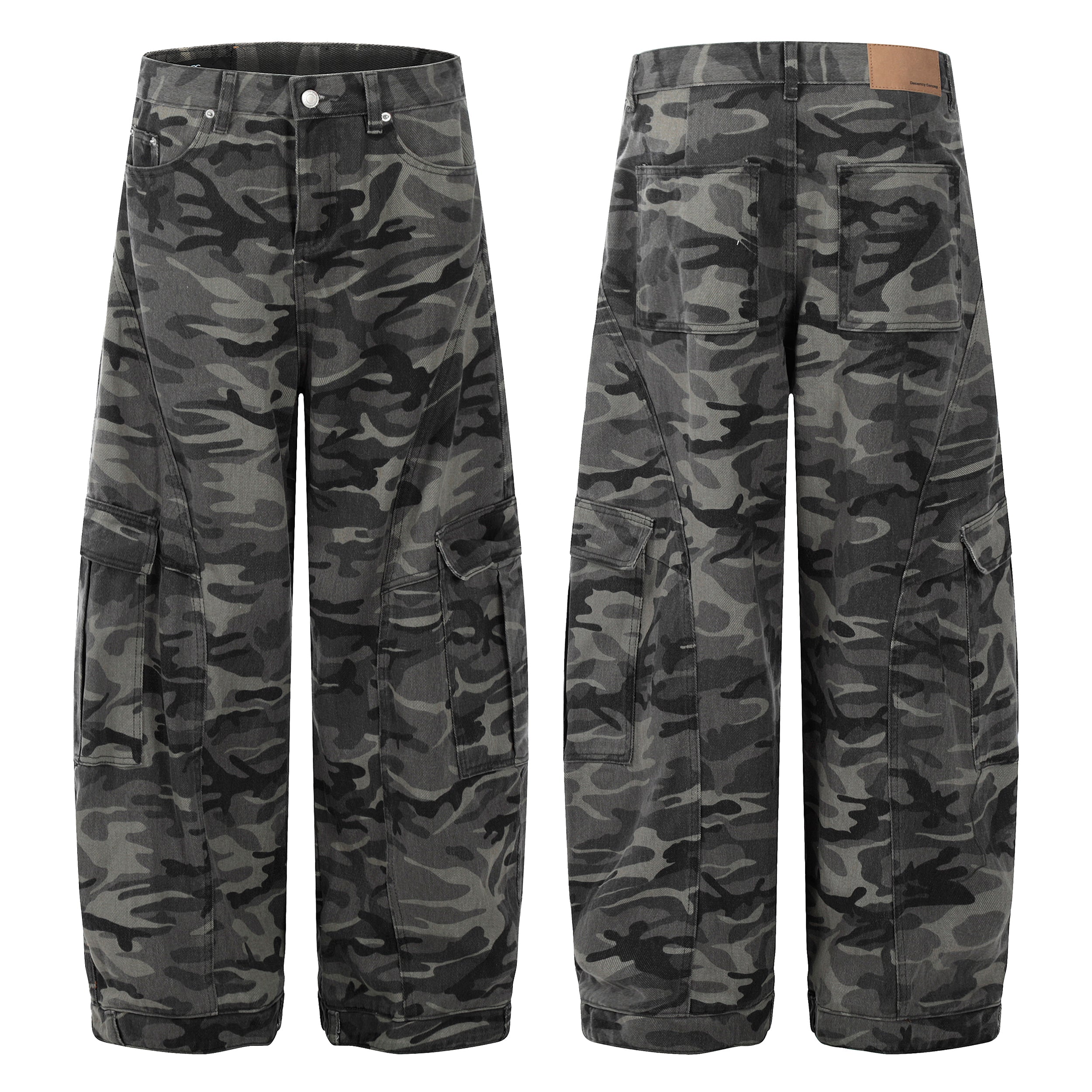Front and back view of dark shadow camo wide-leg cargo pants with side flap pockets and five-pocket construction