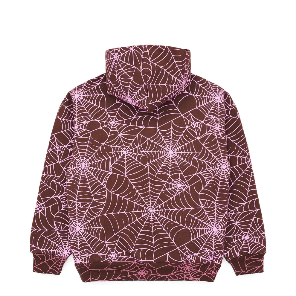 The Brown All-Over Spider Web Graphic Hoodie – Comfort Fit Pullover features a pink spider web design, ribbed cuffs and hem, and is shown from the back for a stylish, cozy look.