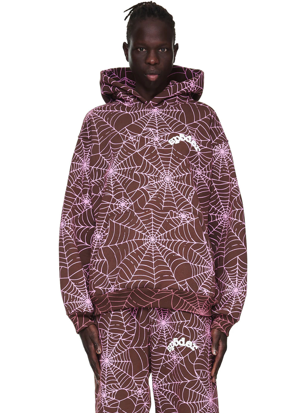 Brown All-Over Spider Web Graphic Hoodie – Comfort Fit Pullover Hoodie