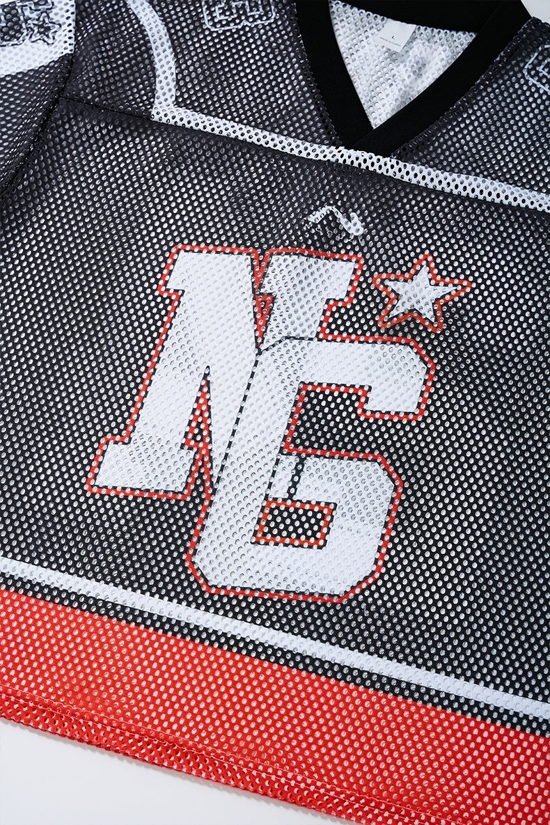 Black mesh streetwear jersey with oversized 16 graphic, white star detail, and red trim