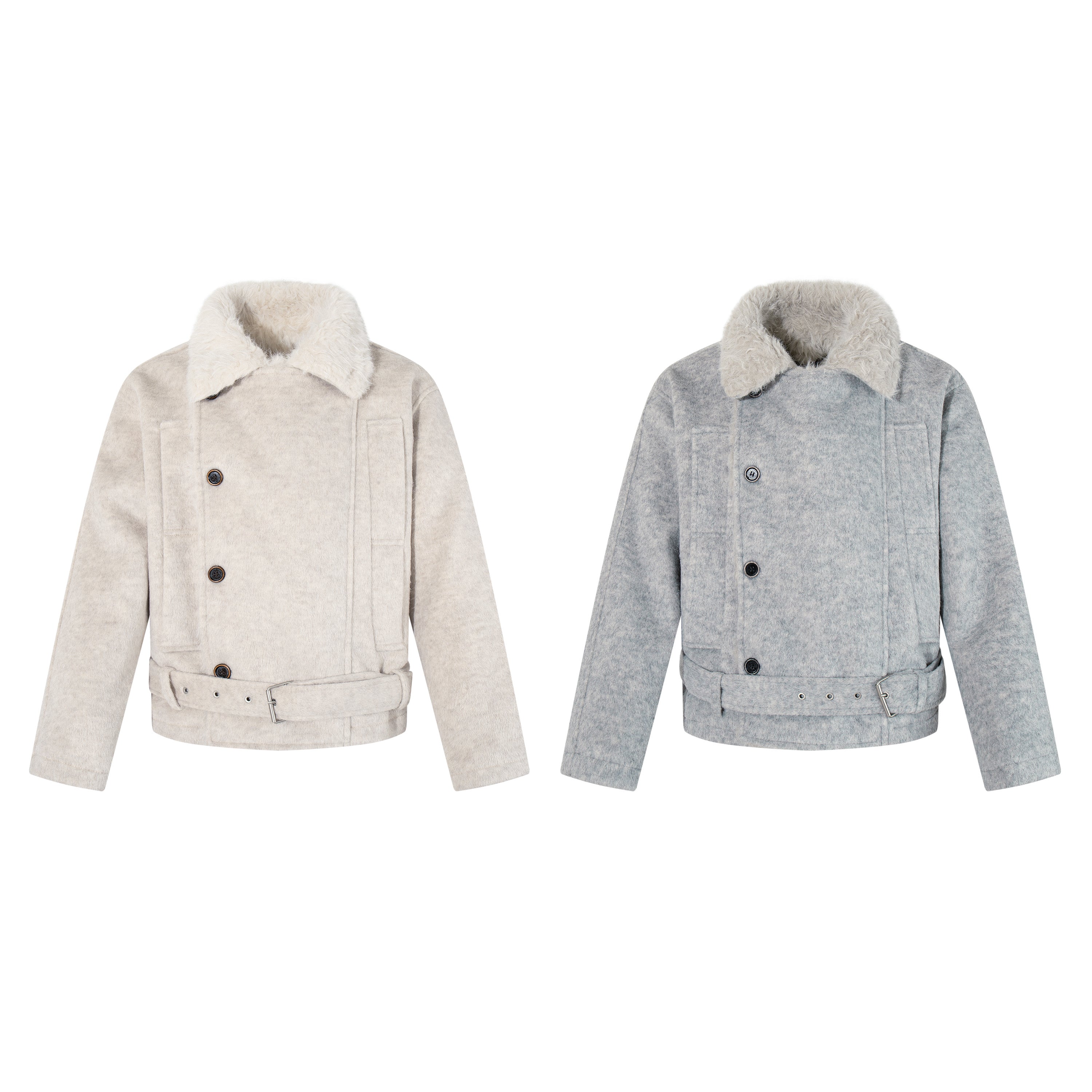 Cropped light oatmeal wool-blend jacket with faux fur collar, front button closure, and adjustable waist belt on white backgr