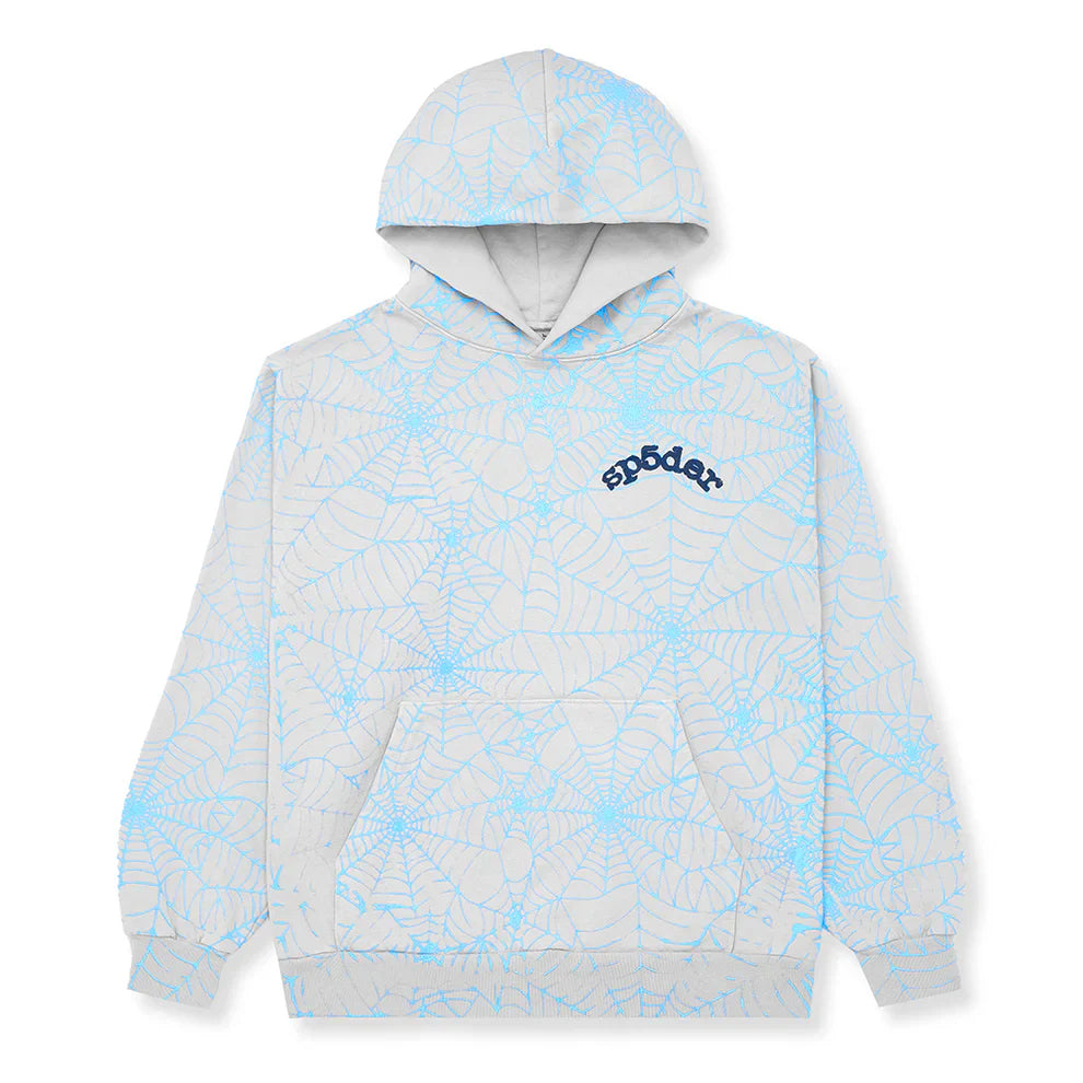 The Light Grey All-Over Spider Web Graphic Hoodie – Comfort Fit Pullover Hoodie features a blue web pattern and “spider” in stylized blue text on the left chest—a bold streetwear pick.