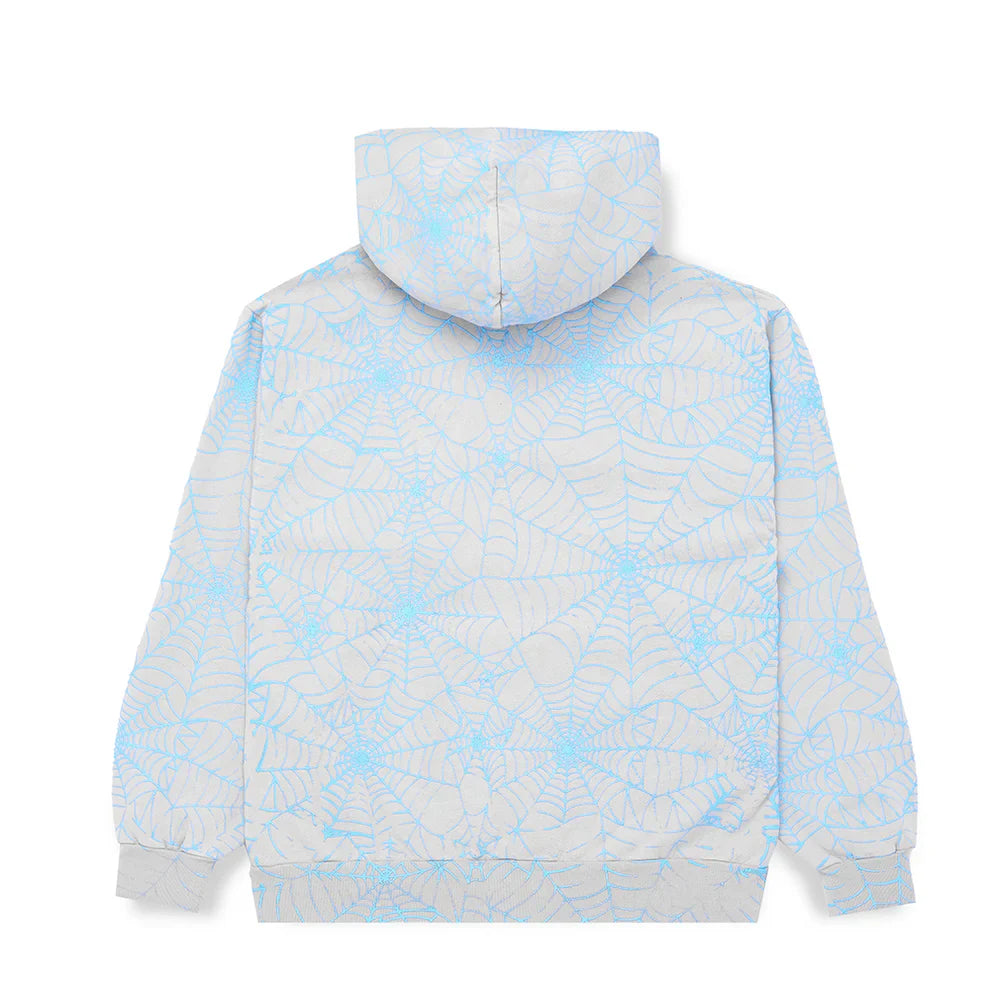 The Light Grey All-Over Spider Web Graphic Hoodie features a bold blue web print covering the back, sleeves, and hood. This comfort fit pullover has ribbed cuffs and hem, with its striking streetwear design best viewed from behind.