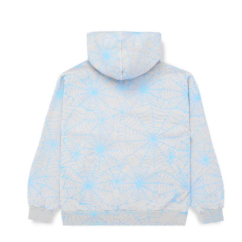 The Light Grey All-Over Spider Web Graphic Hoodie features a bold blue web print covering the back, sleeves, and hood. This comfort fit pullover has ribbed cuffs and hem, with its striking streetwear design best viewed from behind.
