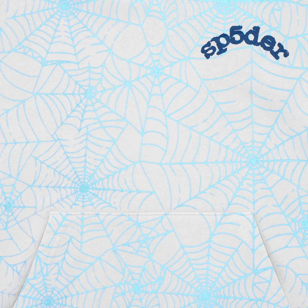 The Light Grey All-Over Spider Web Graphic Hoodie is a comfort fit pullover featuring a blue spider web print, dark blue sp5der logo on the upper right chest, and a front pocket that blends into the design.