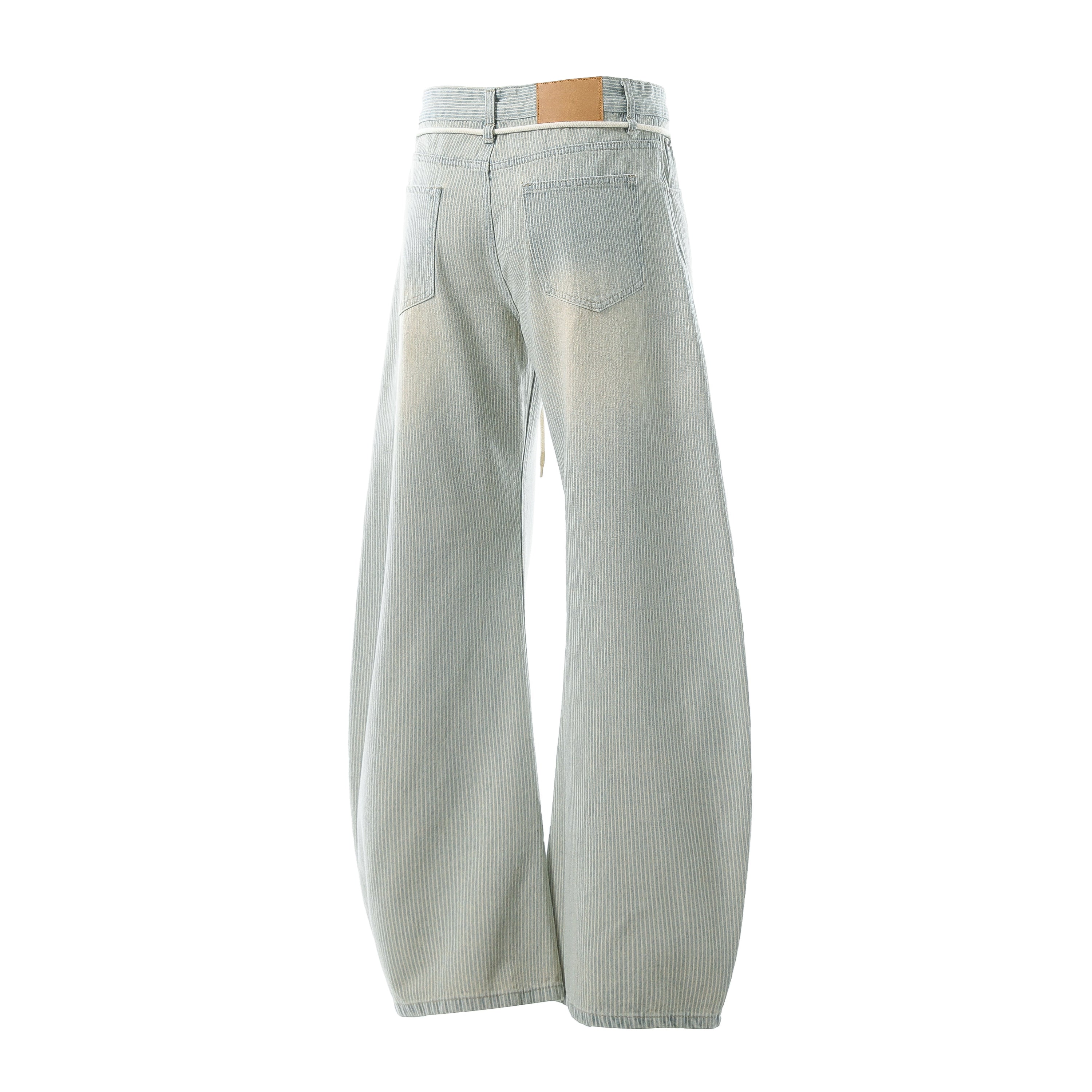 Washed Stripe Wide-Leg Denim Pants with Drawstring Waist