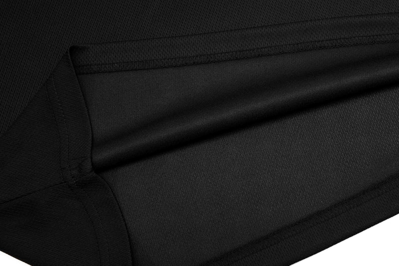 Close-up of black mesh sport tee fabric with visible seams and textured gothic streetwear detailing