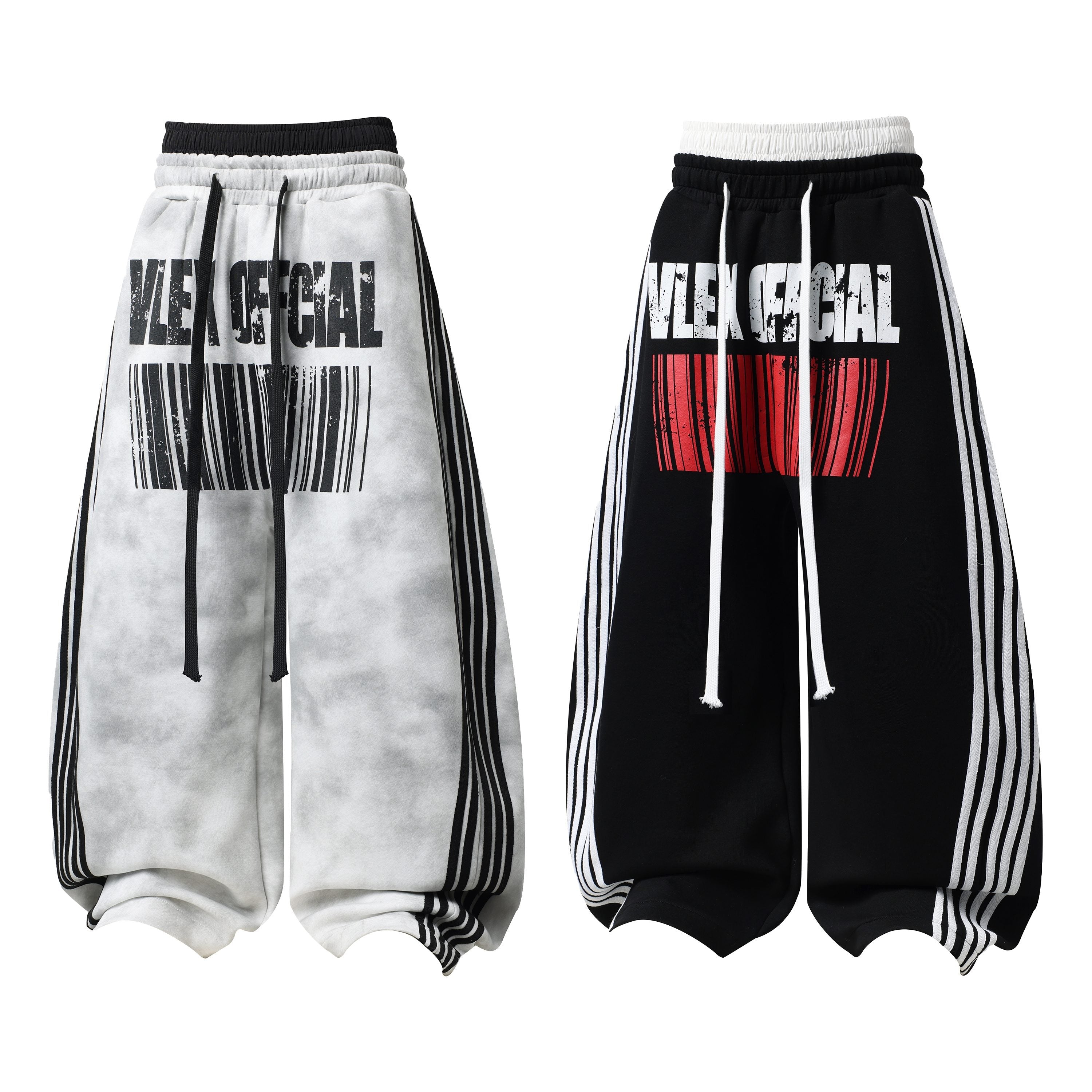 VLEX OFFICIAL barcode graphic wide-leg sweatpants in washed white and black colorways with contrast side stripes