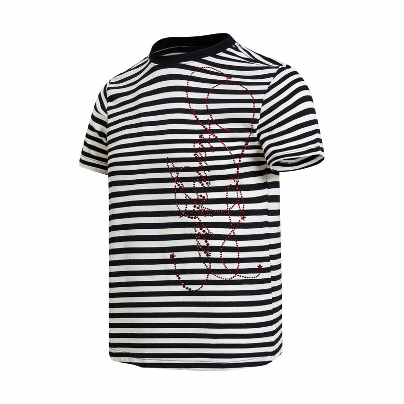 Black and white striped tee with red rhinestone gothic script graphic and mock neck collar
