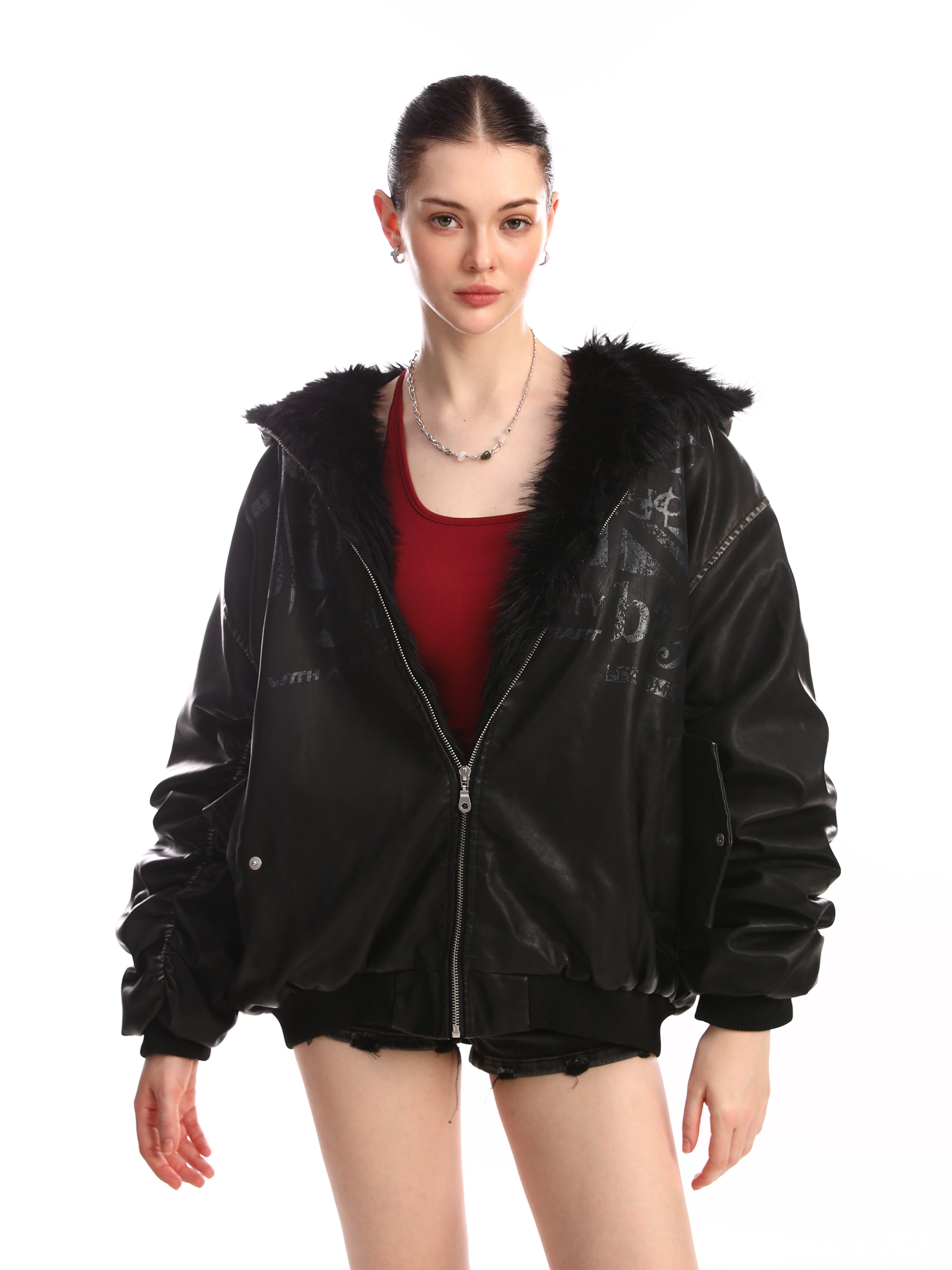 Omirad Vintage Graphic PU Leather Hoodie Bomber Jacket