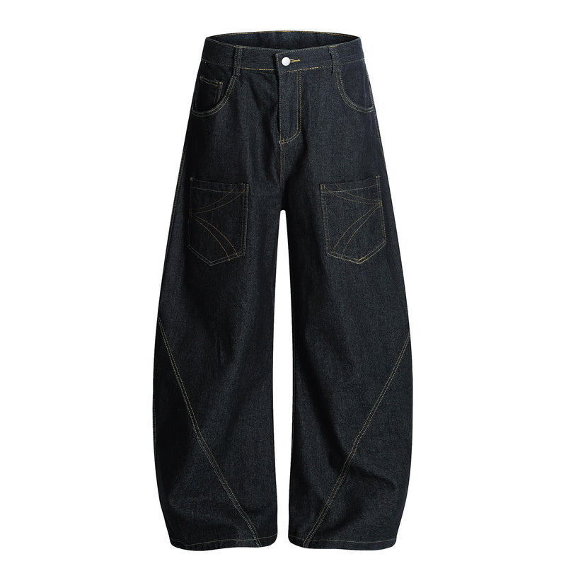Black wide-leg denim jeans front view with large patch pockets and contrast topstitching