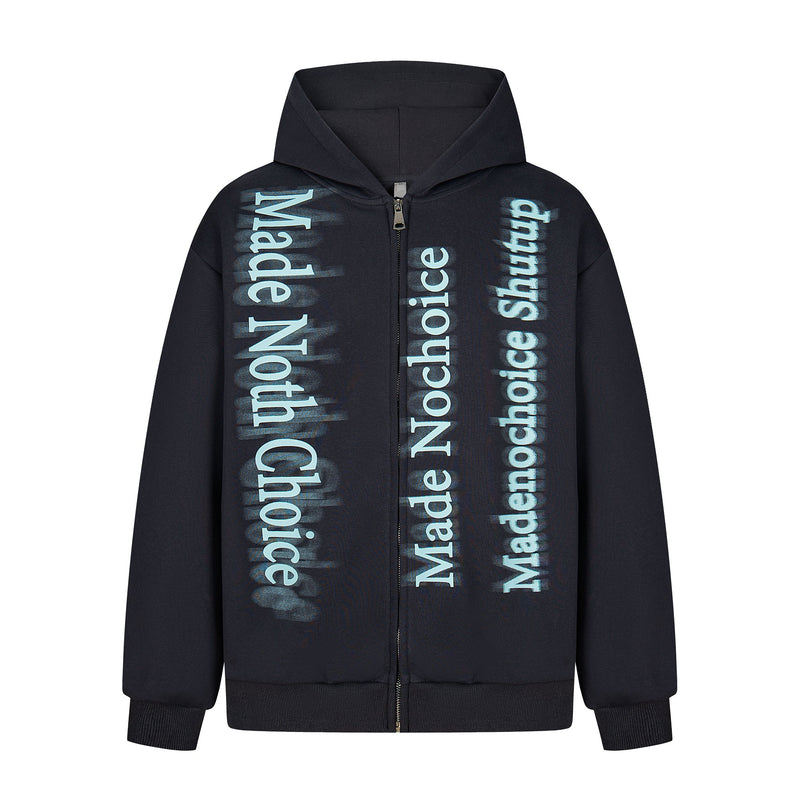 Black zip hoodie front view with blue gradient letter print and hood