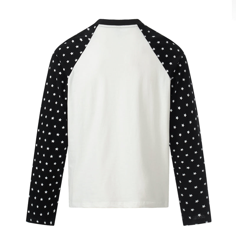 Back view of white raglan long sleeve tee with black star-print sleeves