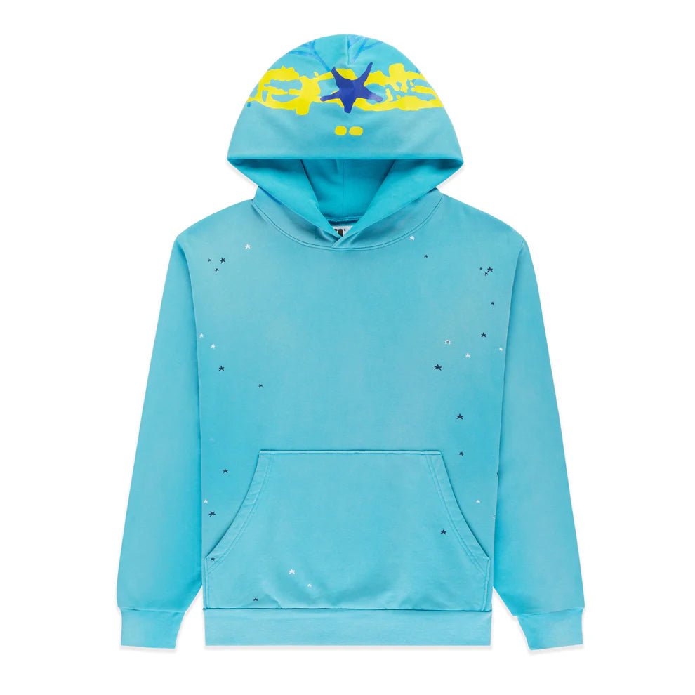 Turquoise Graphic Hoodie with Star Detail and Spider Web Back Print – Comfort Fit Pullover Hoodie