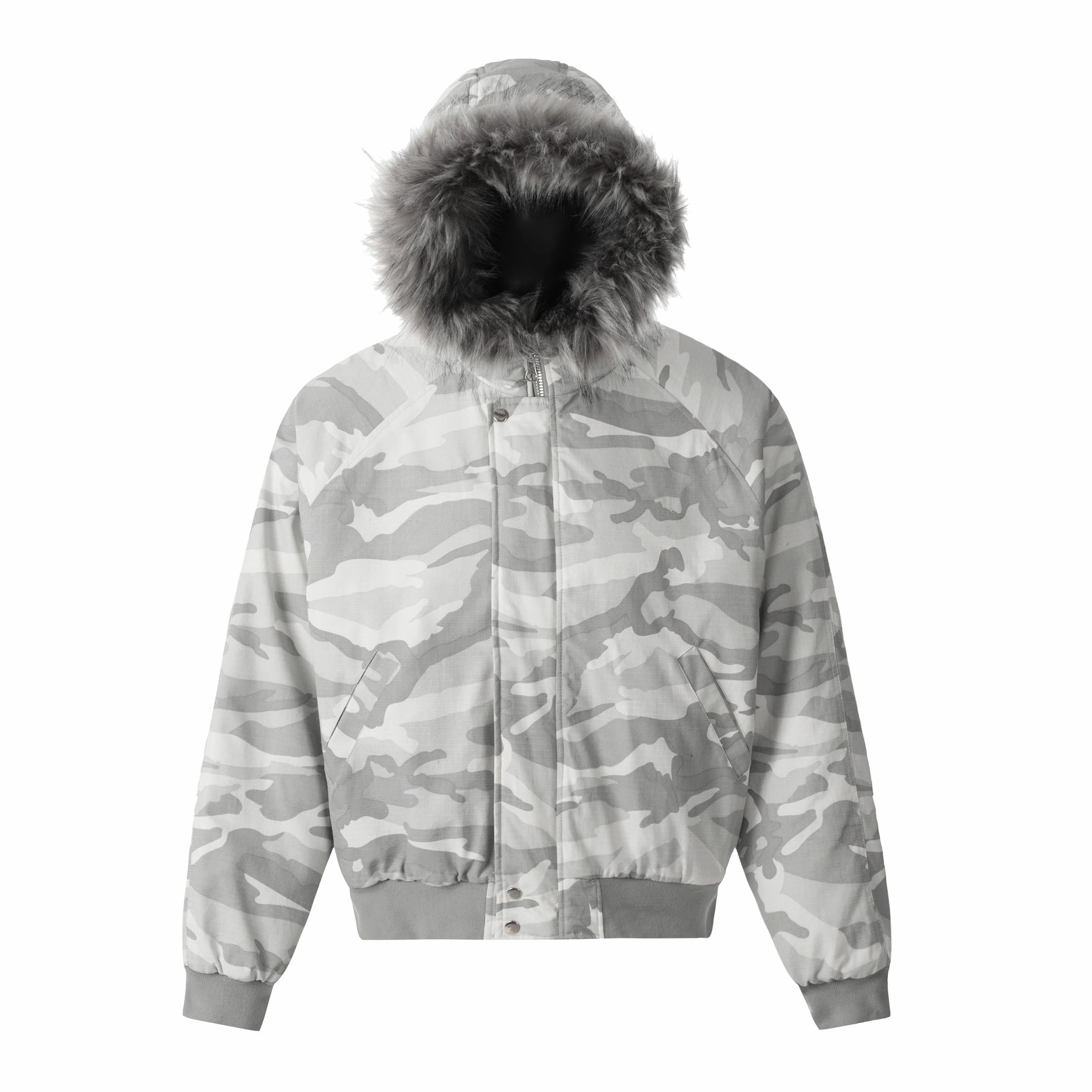 White Camo Faux Fur Hooded Padded Bomber Jacket