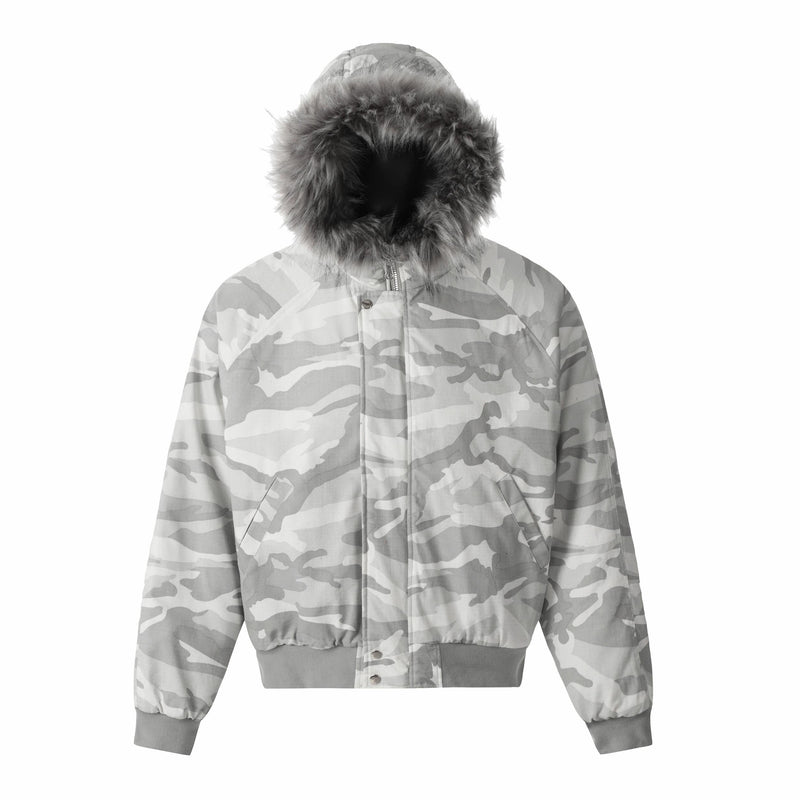 White Camo Faux Fur Hooded Padded Bomber Jacket