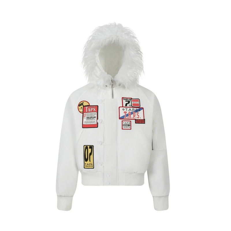 Faux Fur Hooded Bomber Jacket with Badge Patches | SEAKOFF
