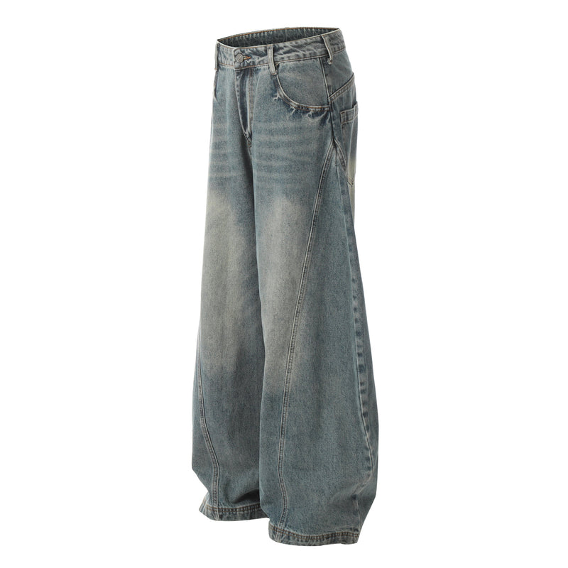 Vintage wash balloon denim pants angled front view