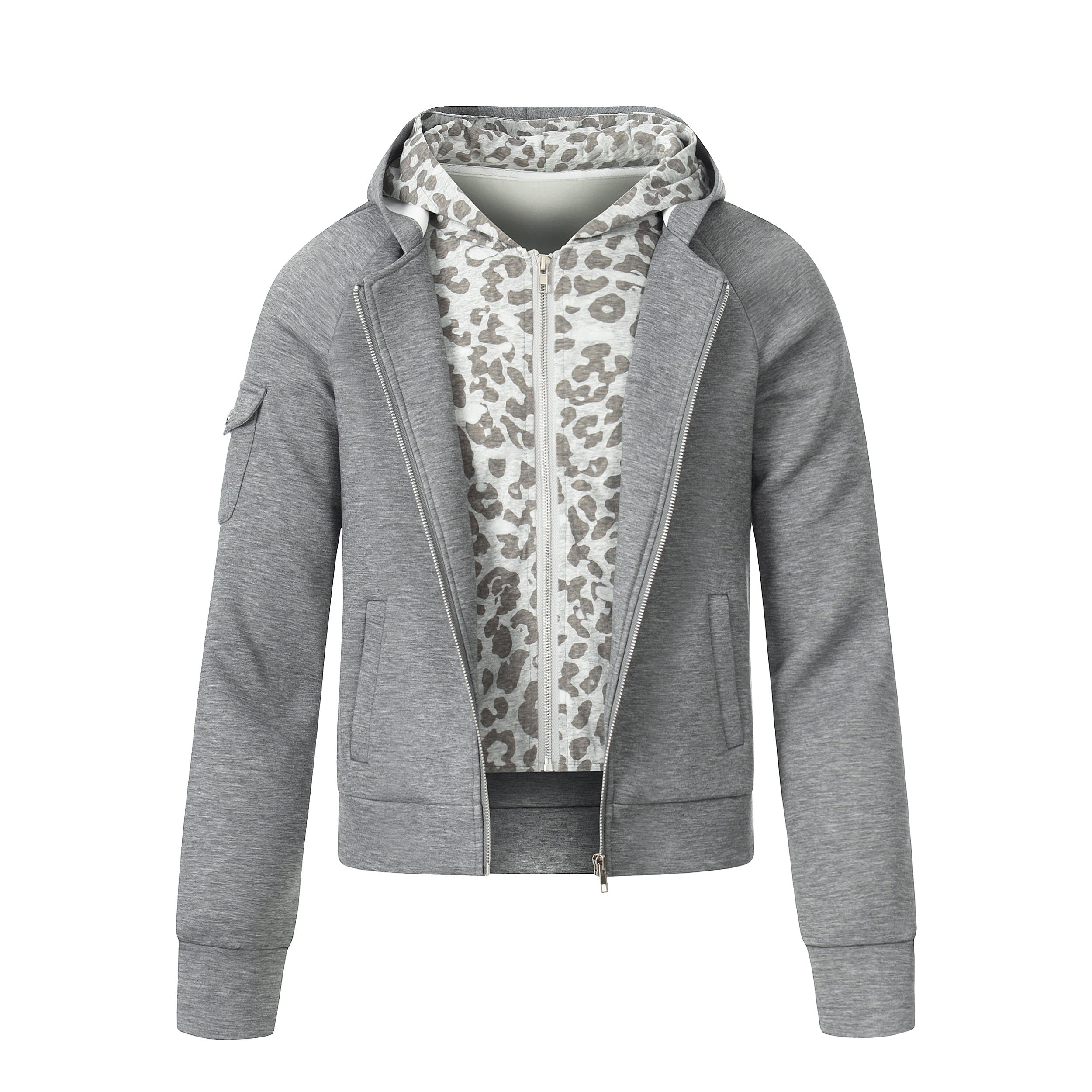Omirad Double-Layer Zip-Up Hoodie | Grey Leopard Inner