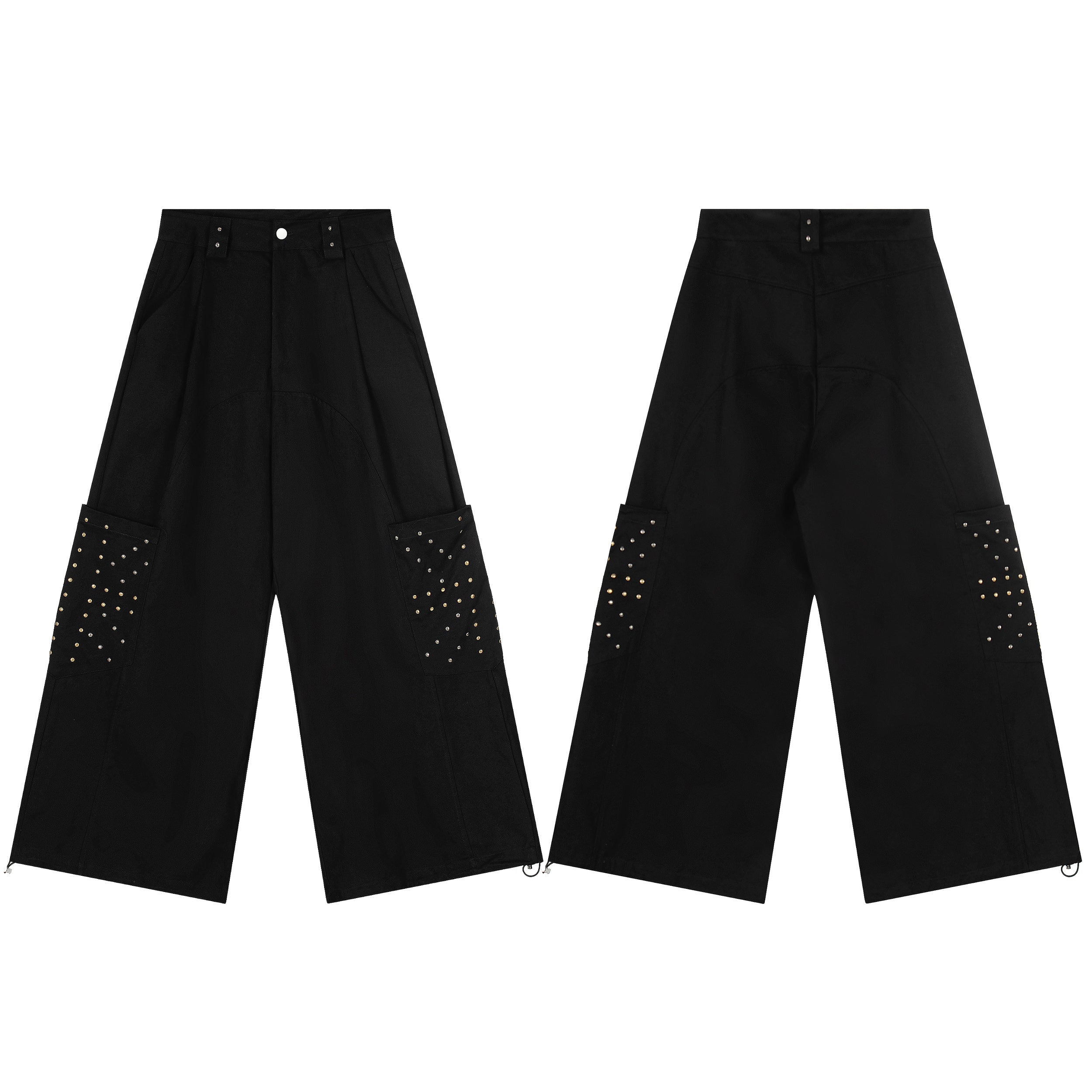 Black wide-leg cargo pants with gold and silver metallic stud embellishments on oversized side pockets, front and back view