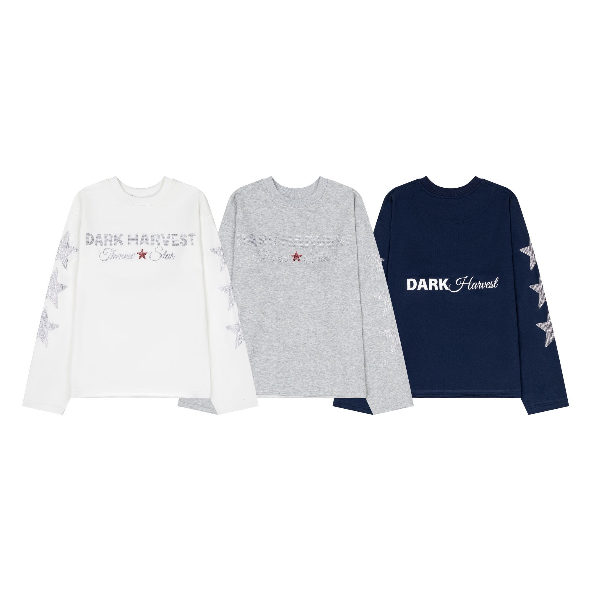 White Dark Harvest long sleeve tee with rhinestone front logo and silver star graphics on sleeves, laid flat on white backgro