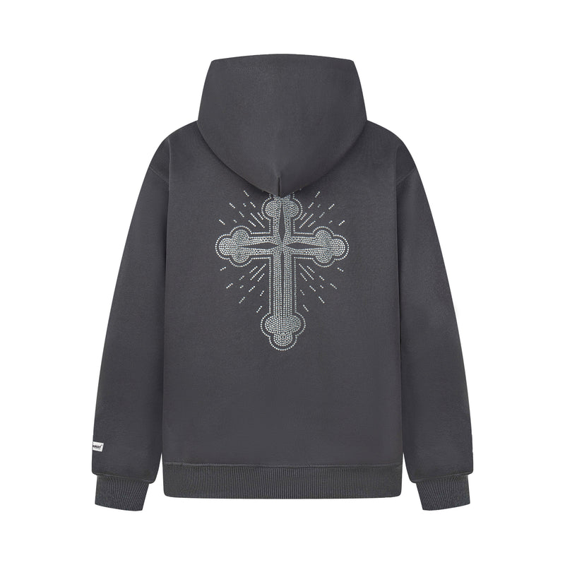 Back view of charcoal gray zip hoodie with large white rhinestone cross design