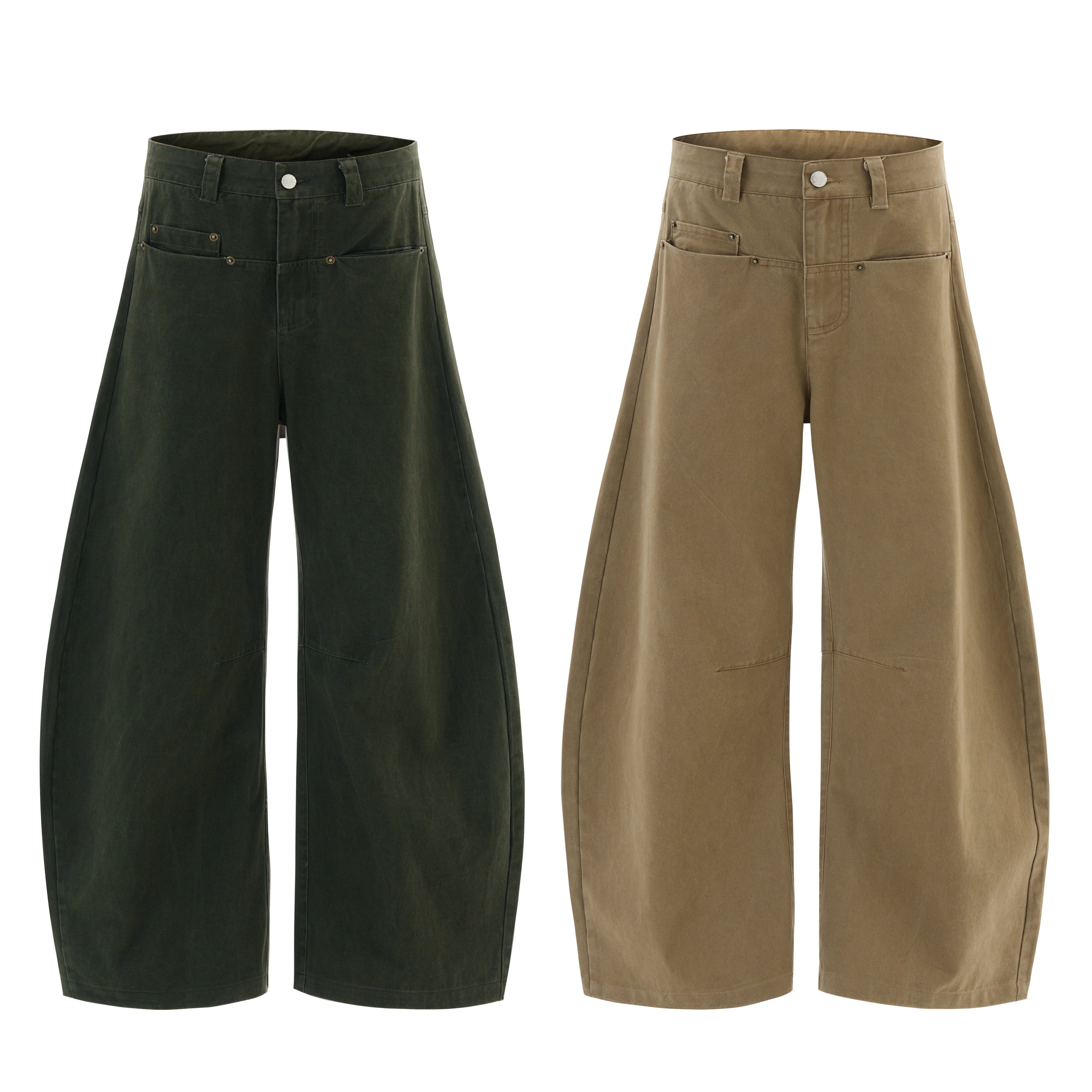 Minimalist wide-leg canvas trousers in forest green and khaki, front view, showing curved panel construction and wide silhoue