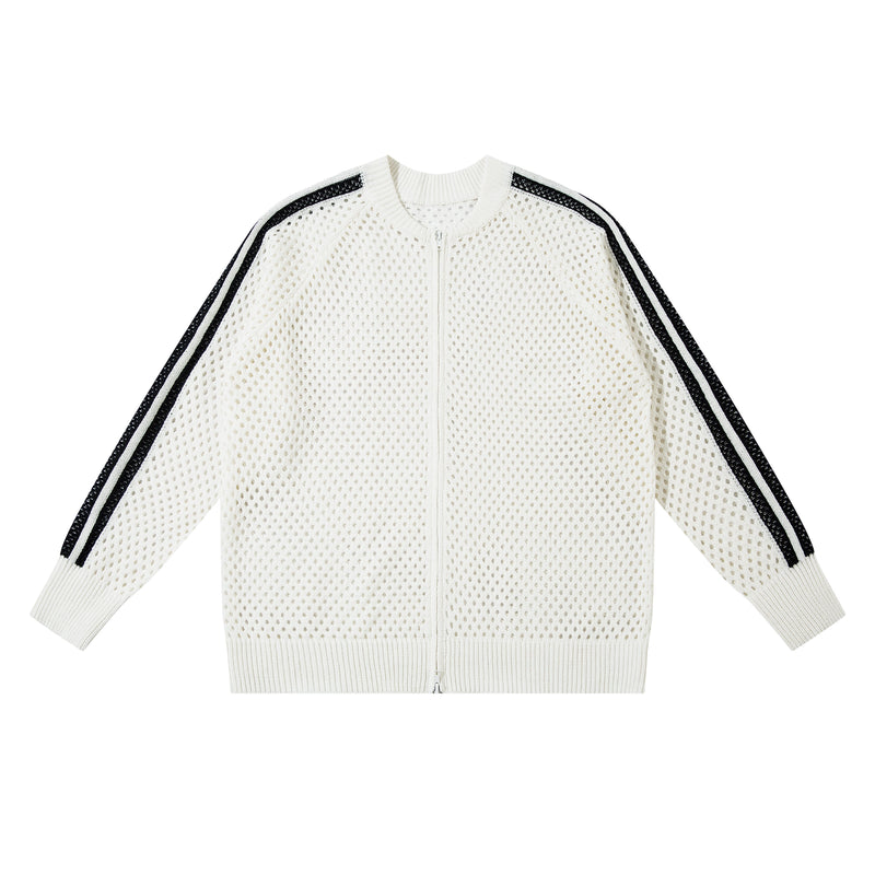 White open-knit zip-up jacket with black shoulder stripes, front view