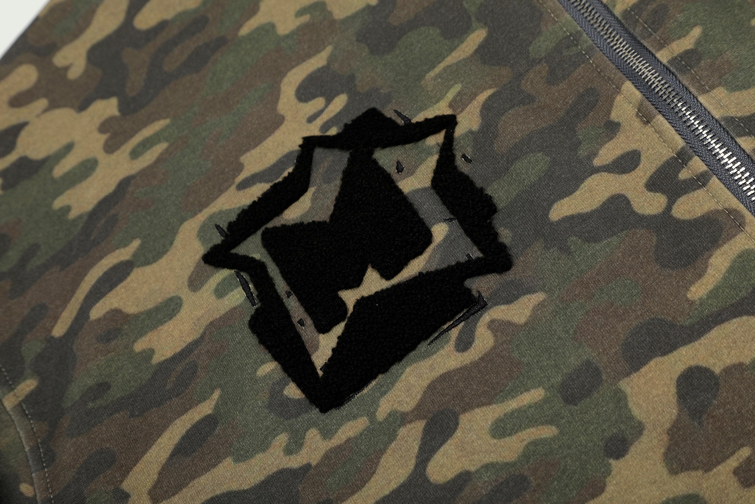 Camo Chenille Patch Half-Zip Hoodie | Streetwear Varsity
