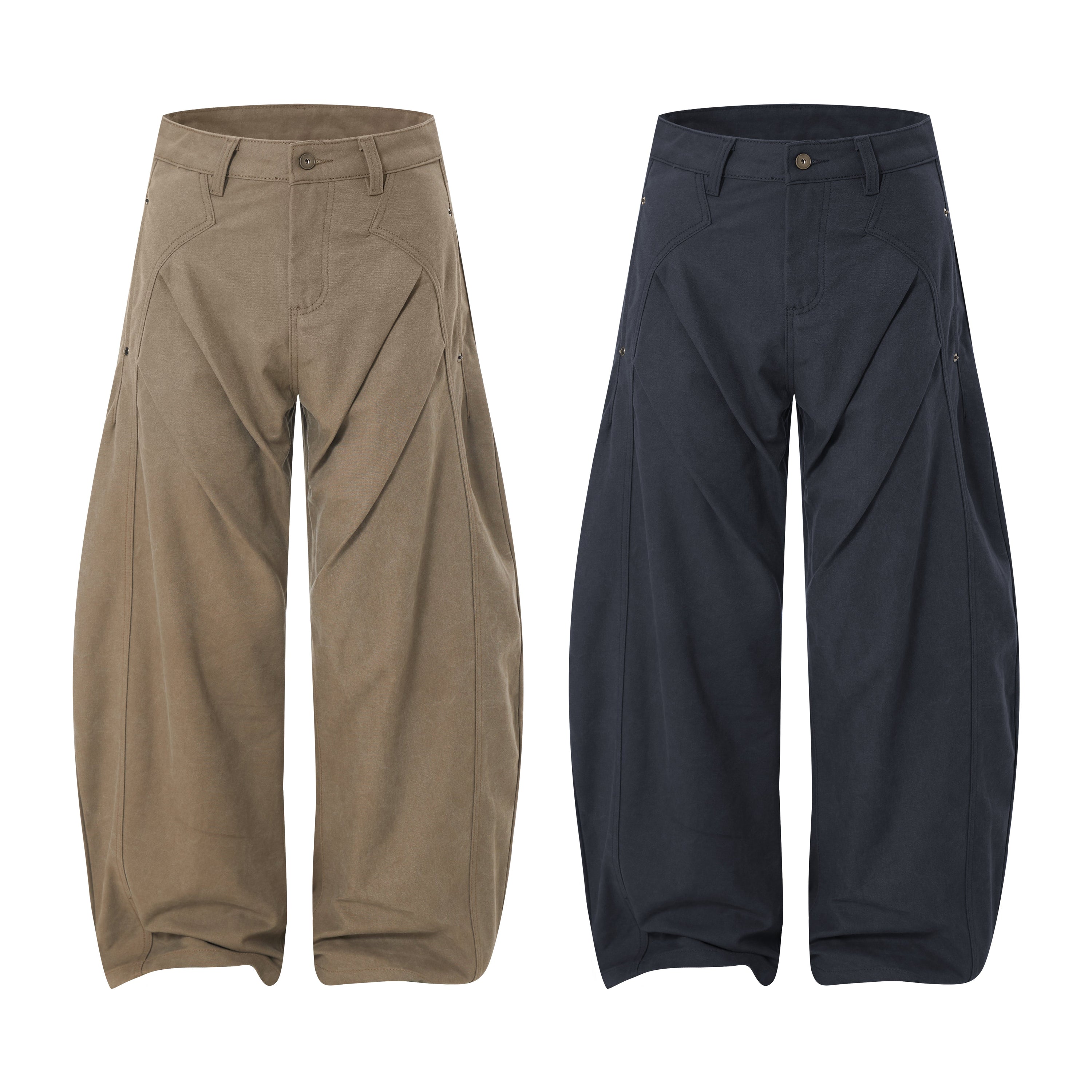 Front view of 3D curved panel wide-leg pants in khaki and navy, showing sculpted silhouette and folded seam detailing