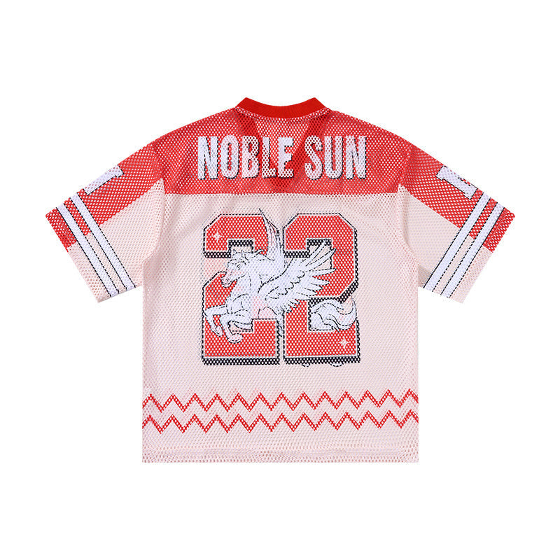 Red and white mesh jersey T-shirt with Noble Sun lettering, oversized number 22, and winged graphic on the back