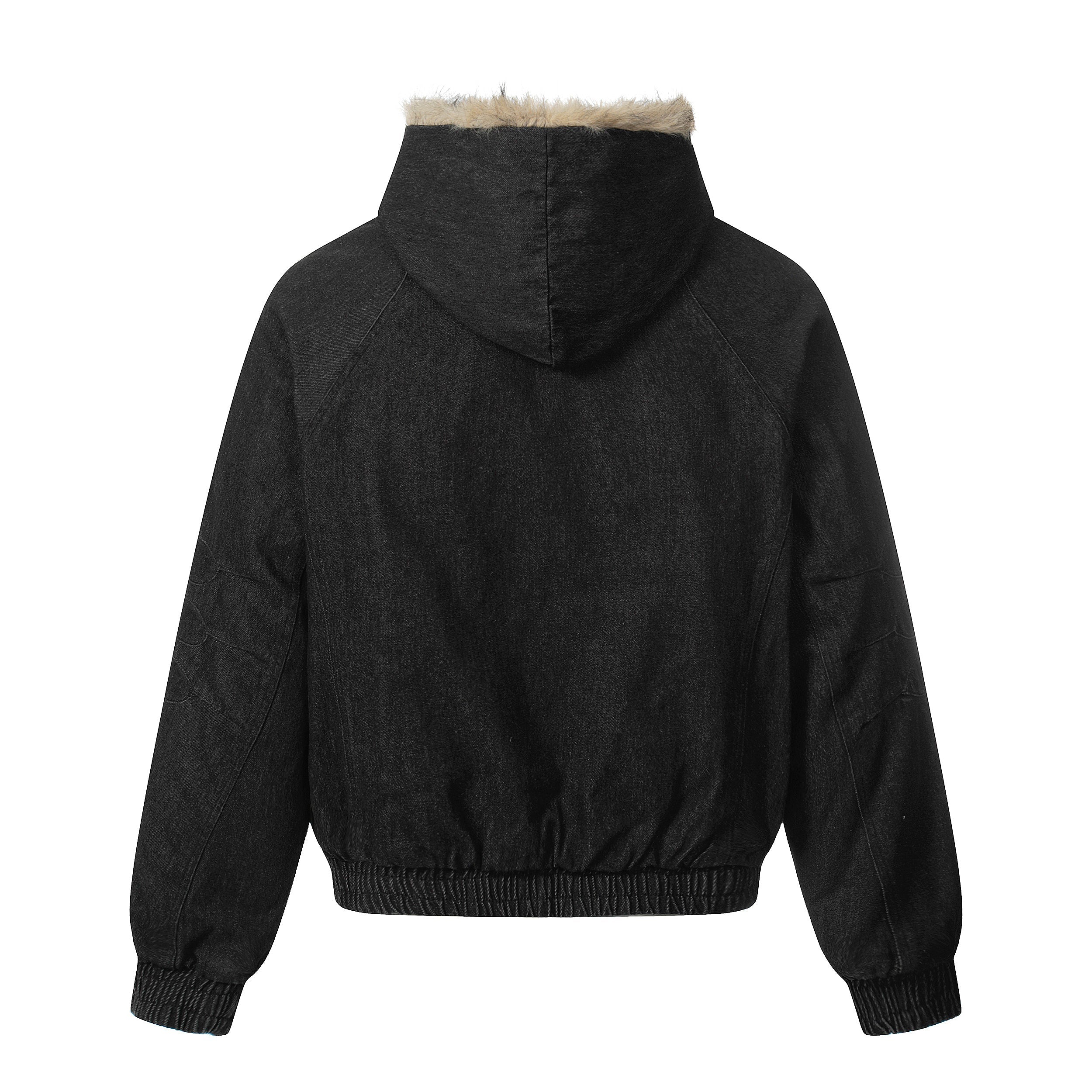 Detachable Fur-Collar Denim Bomber Jacket | Deep Indigo & Washed Black