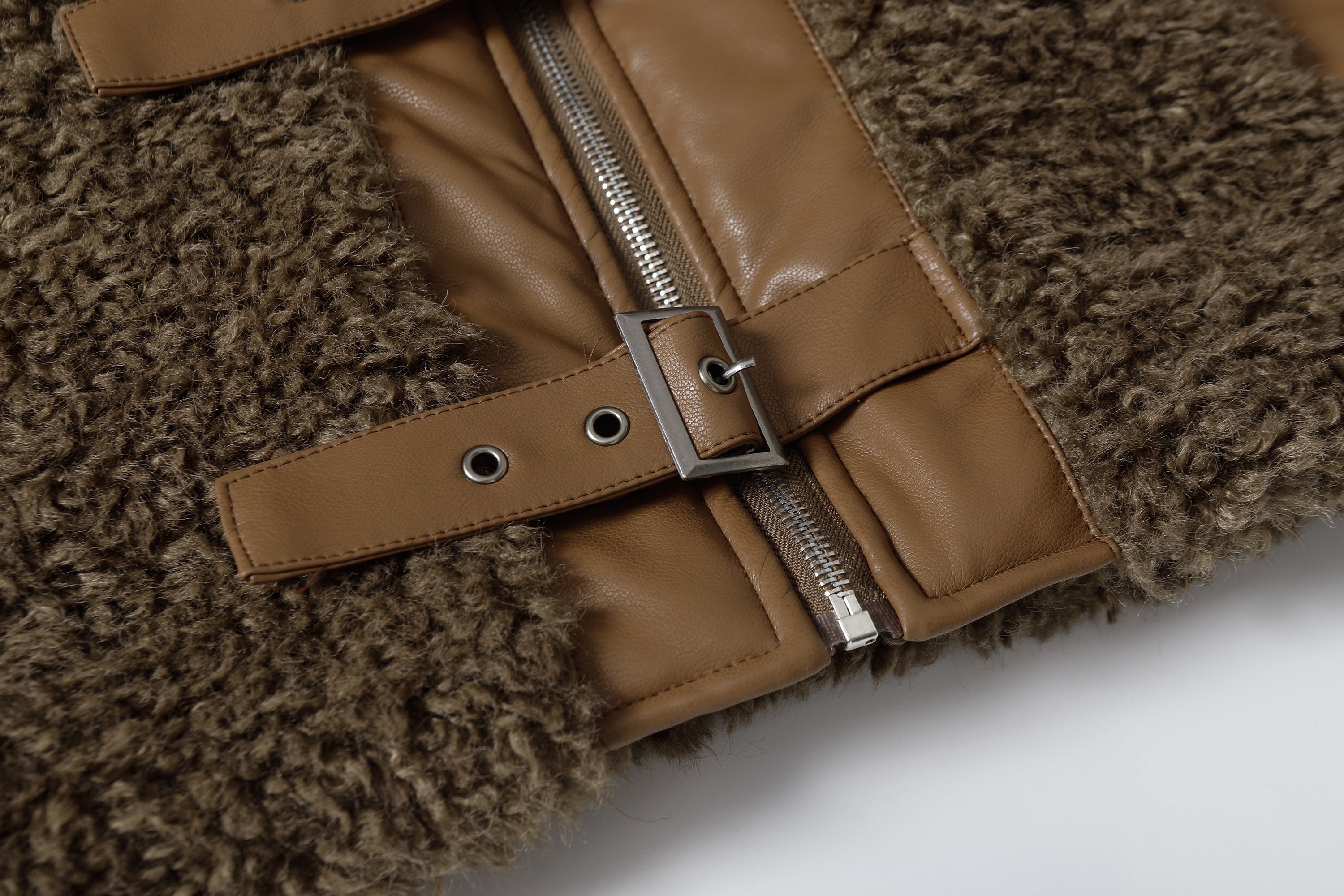 Faux Leather Patchwork Sherpa Bomber Jacket | Omirad
