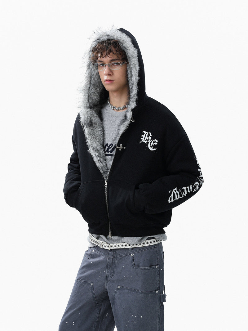 Faux Fur Lined Metal Clasp Gothic Hoodie Jacket | BC