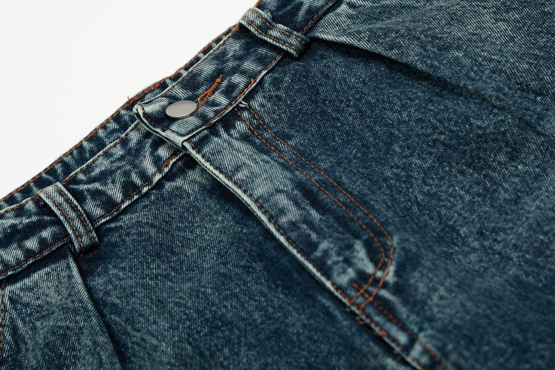 Pearl-Stud Barrel Jeans | Vintage Wash Wide-Leg Denim