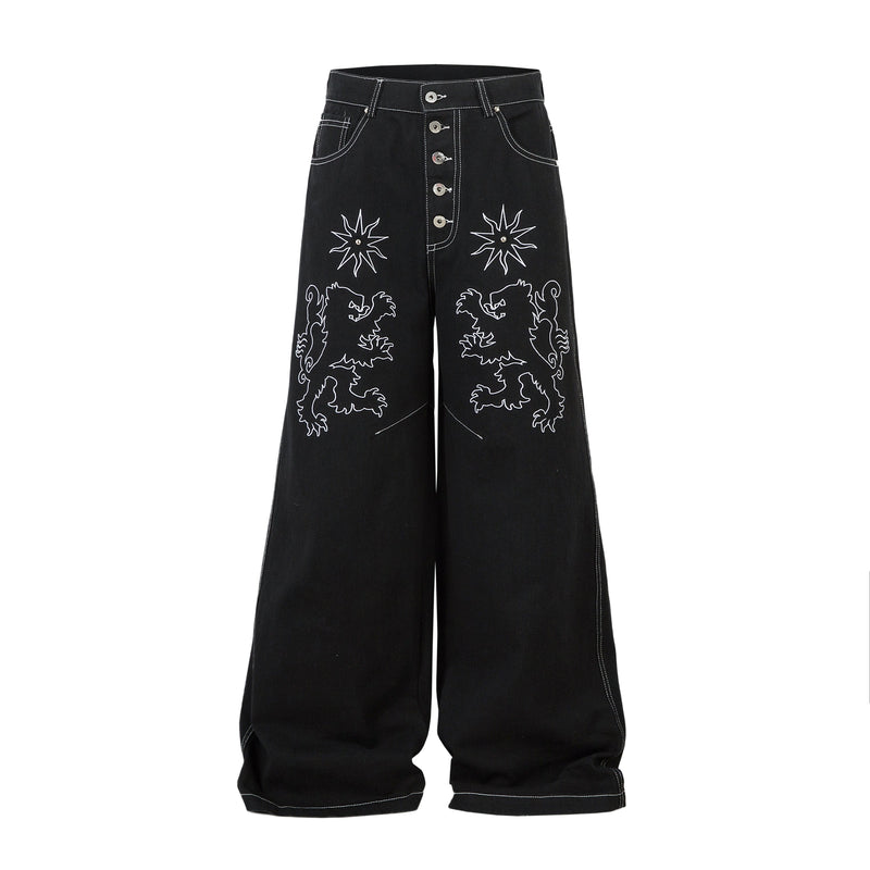 Black wide-leg jeans with white lion and star embroidery, front view