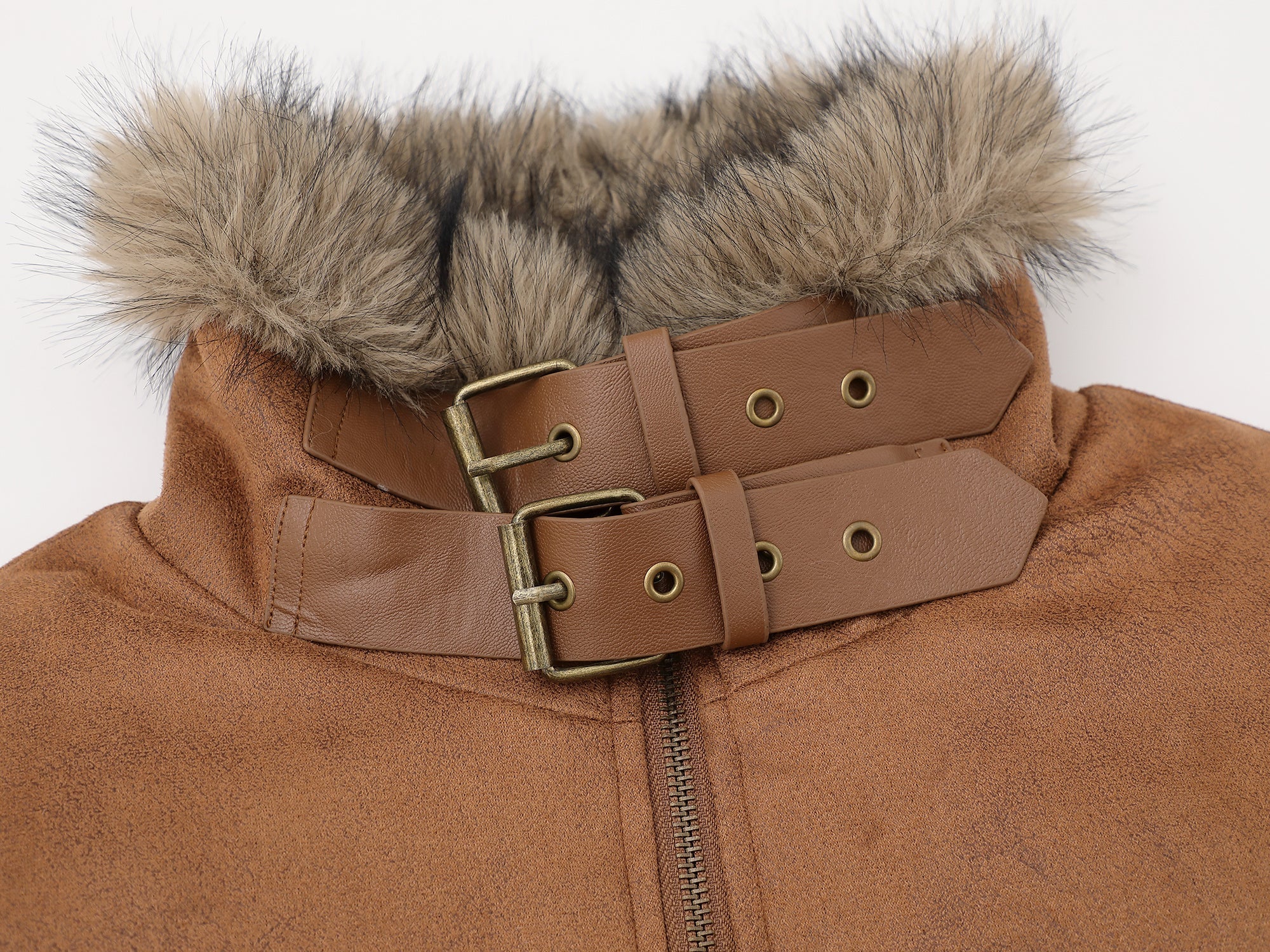 Fur-Collar Buckle Bomber Jacket | Suede-Look Winter Coat