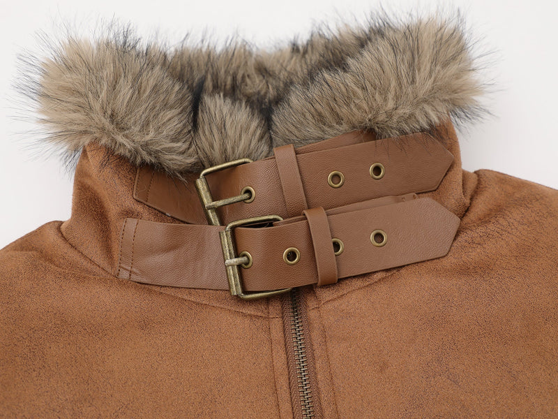 Fur-Collar Buckle Bomber Jacket | Suede-Look Winter Coat