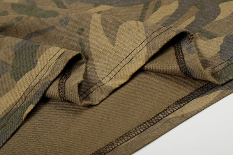 Close-up of sleeve cuffs and double stitching on camouflage long sleeve tee
