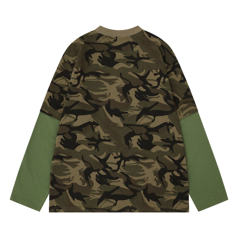 Back view of olive camo long sleeve tee with green sleeve panels and ribbed neckline