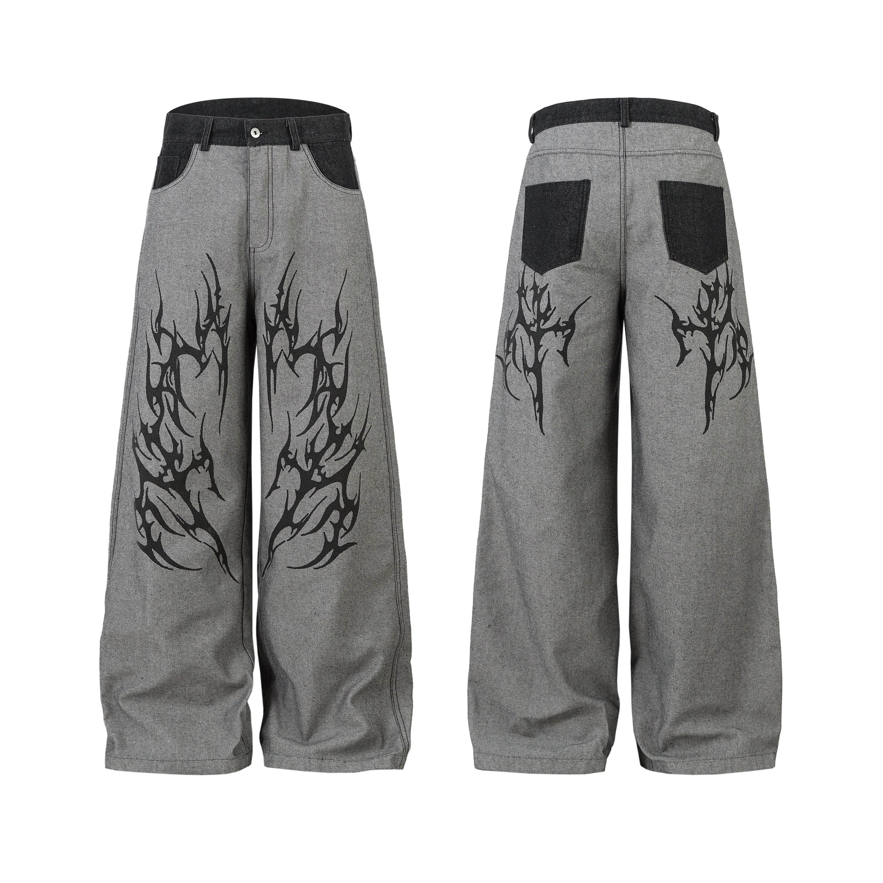 Front and back view of grey wide-leg jeans with black tribal flame graphic print and contrast dark charcoal waistband