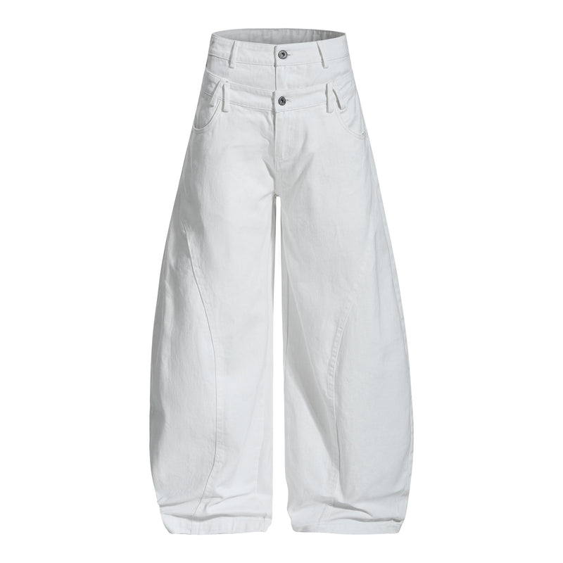 White wide-leg pants front view with double waistband and curved leg shape